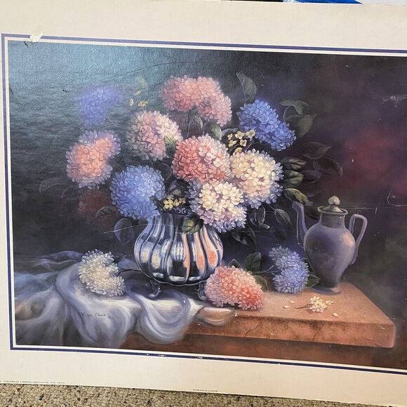 Vintage Vivian Flasch Artwork Print Hydrangeas & Silver 1998 Litho In USA Rare - Picture 1 of 11